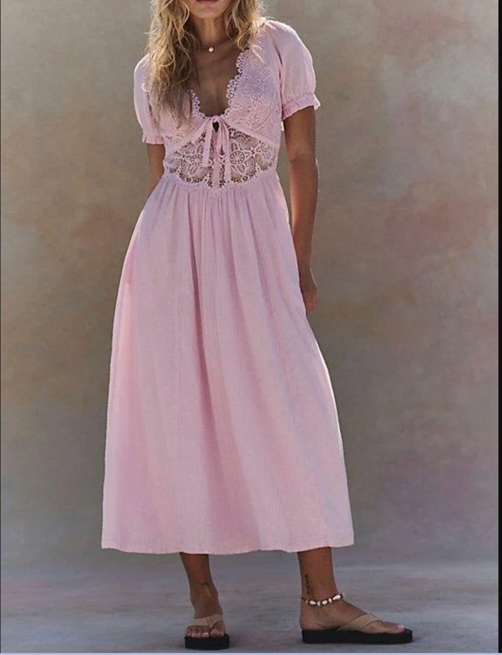 Free People All You Need Is Lace Short Sleeve Cotton Midi Dress Pink Large